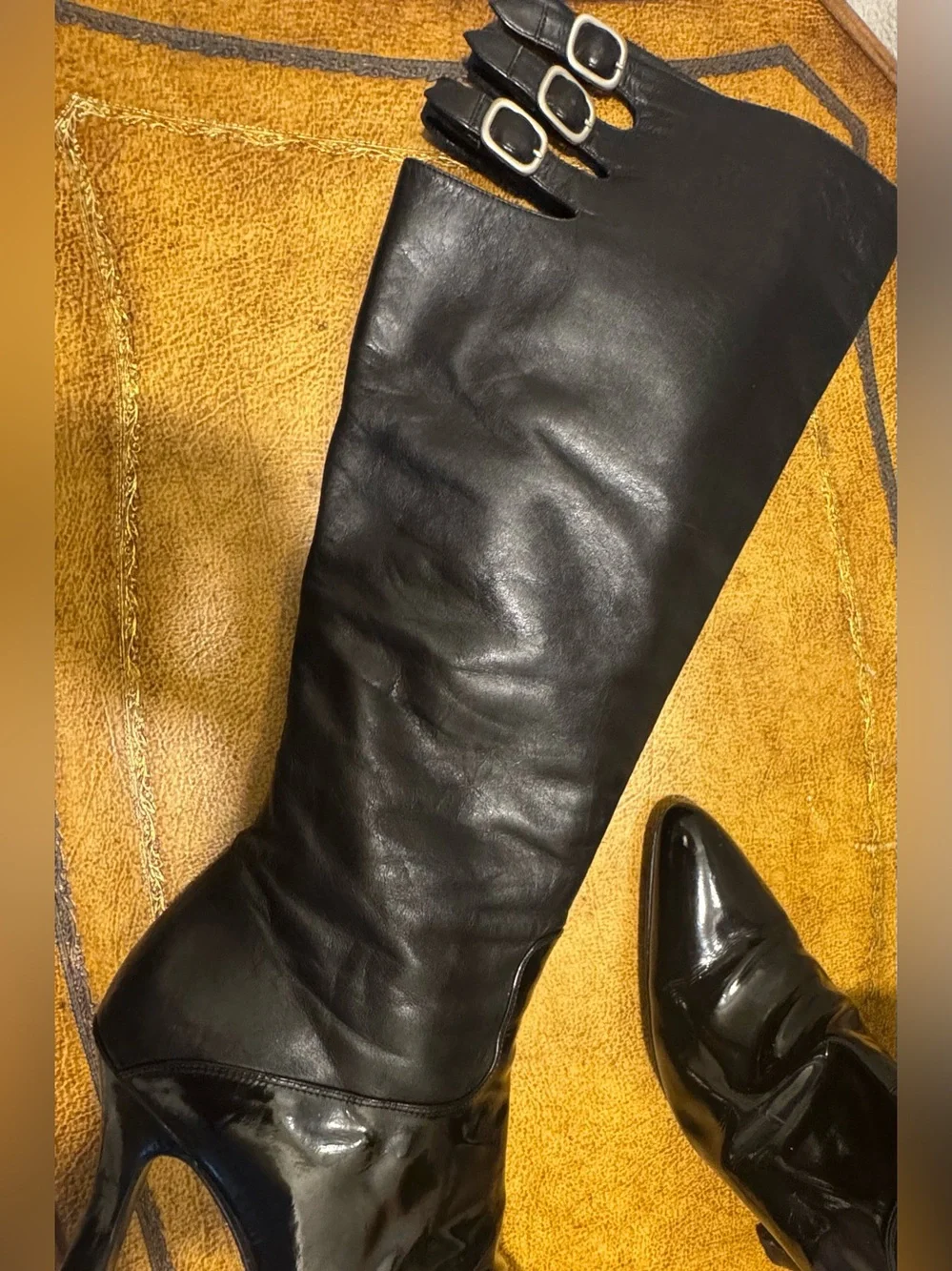 Casadei Black Knee High Leather Boots with Buckle Straps Made in Italy Size 10